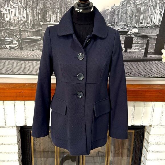 GAP Women’s Virgin Wool PEA COAT JACKET 2 POCKET BUTTON FRONT Small Navy Blue - Picture 1 of 9